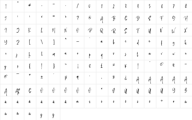 Purple Grande Regular  glyph index