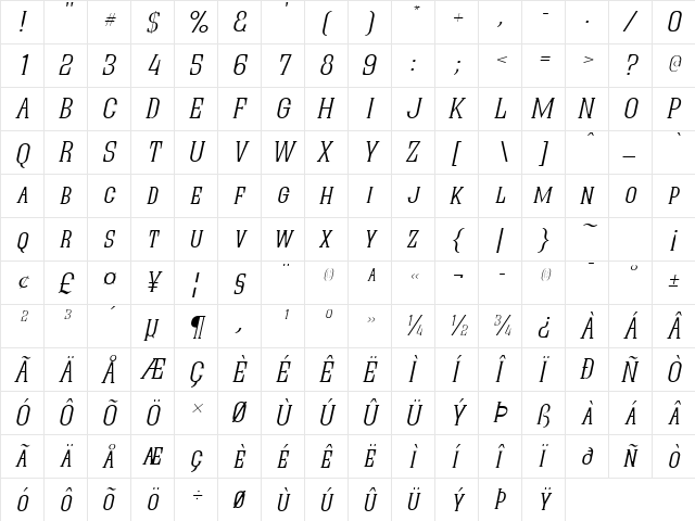 Quastic Kaps Thin Italic  glyph index