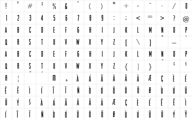 ORaleigh Gothic  glyph index
