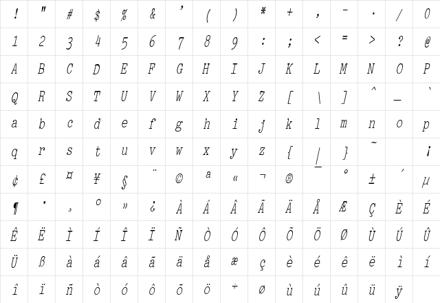 PicaCondensed Italic  glyph index