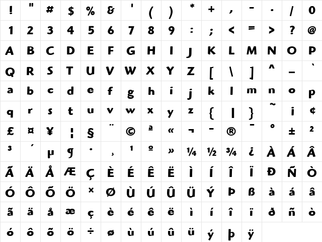 Highlander ITC Bold  glyph index