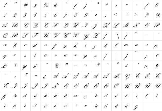 EnglishScriptEF DemiBold  glyph index