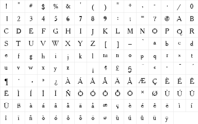 CheltenhamOldStyTIn1 Regular  glyph index