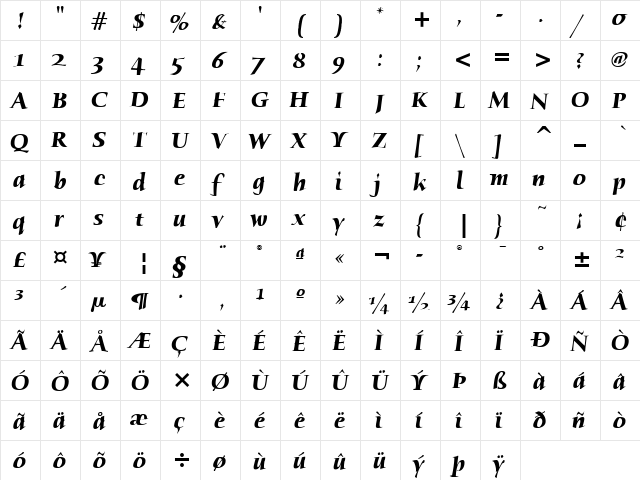 Humana Serif ITC Bold Italic  glyph index