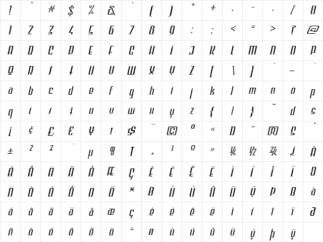 WILD1 Firstvision Tekkst Italic  glyph index