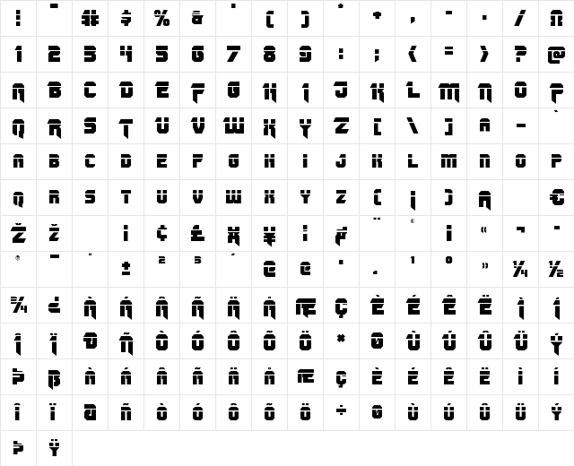 OmegaForce Laser Regular  glyph index