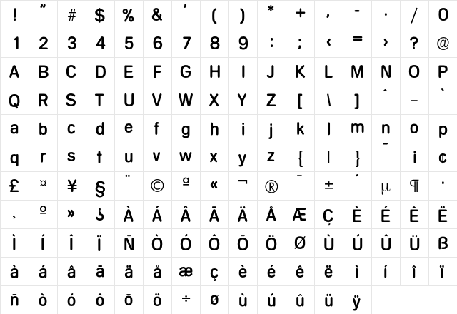 Mercedes-Medium Regular  glyph index