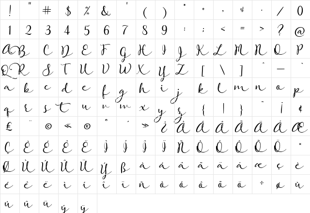 Rose Of Baltimore Regular  glyph index