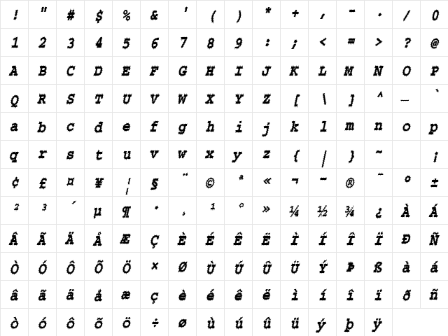 Chisel-Spiked-Condensed Italic  glyph index