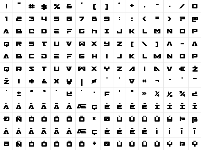 Trans-America Bold Bold  glyph index