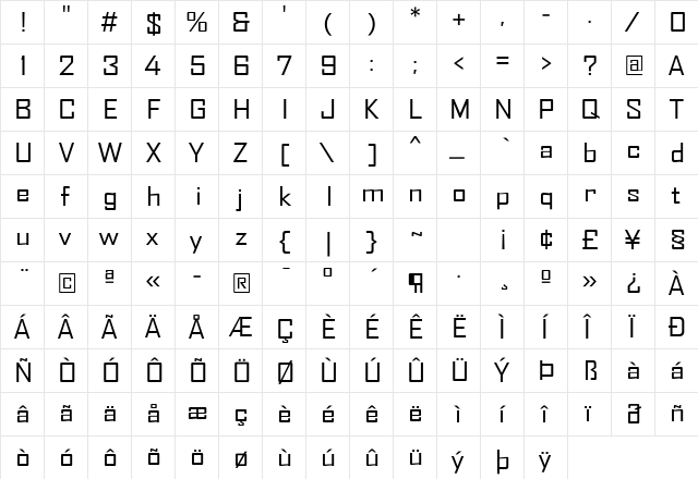 AgencyFB Regular Wide Regular  glyph index