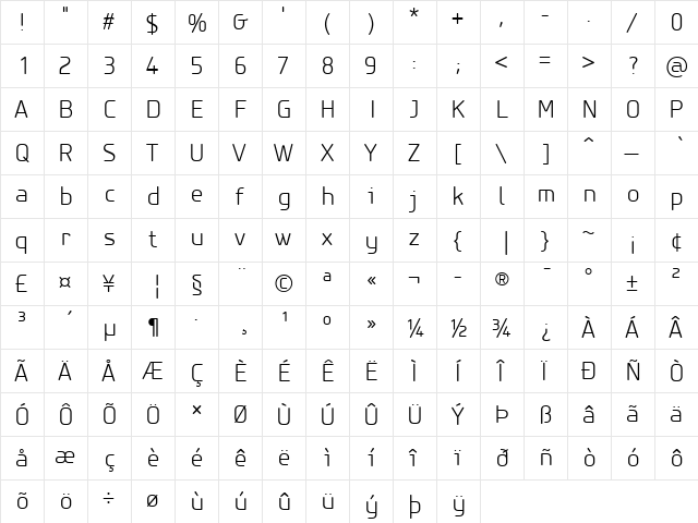 PF Isotext Pro Light  glyph index