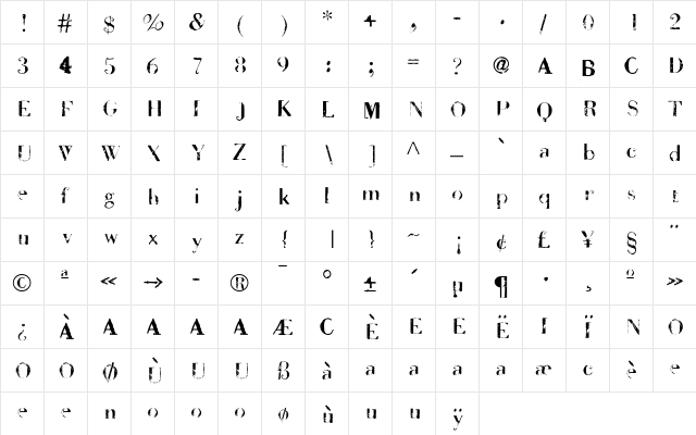 BadDeni Regular  glyph index