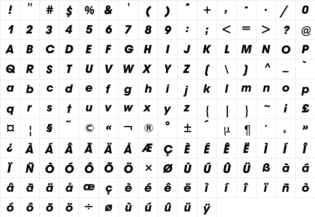 Avant Garde BQ Regular  glyph index