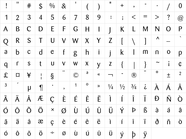 Barmeno Regular  glyph index