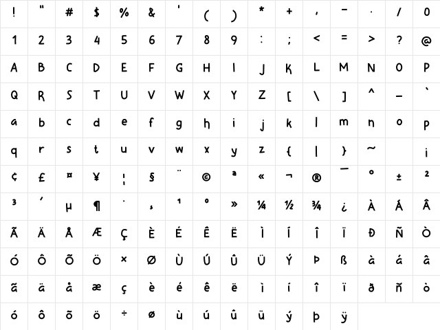 Sleepy Cat Regular  glyph index