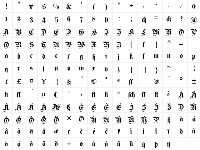 Fette Kanzlei OsF Regular  glyph index