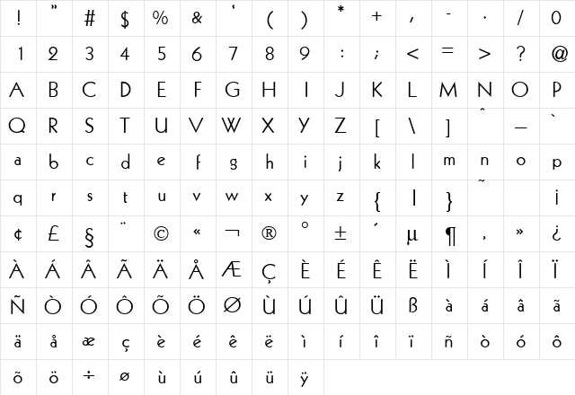KabinDB Normal  glyph index