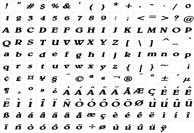 Blew Extended Bold Italic  glyph index