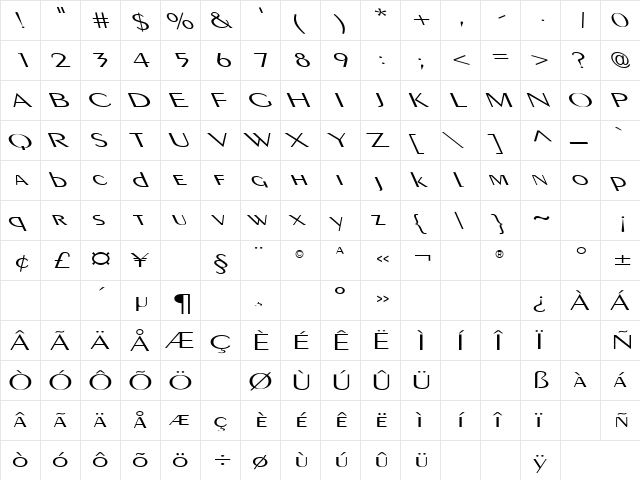 Pig Nose Typ Leftified Regular  glyph index