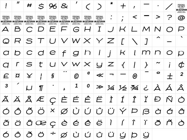 Capoon PERSONAL USE Medium Italic  glyph index