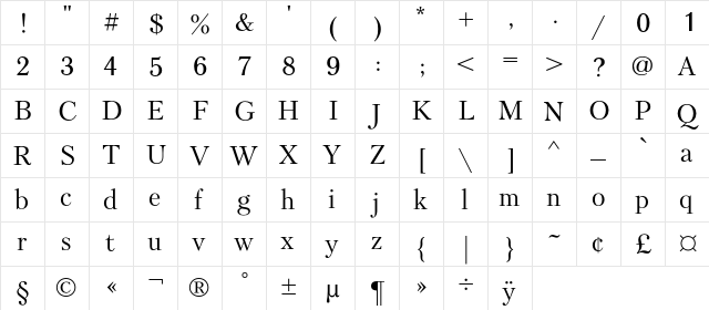 Literaturuli Regular  glyph index