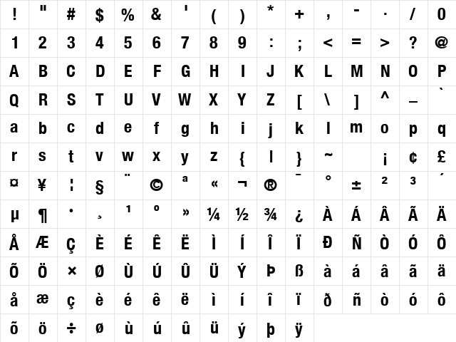 Helvetica Neue Condensed Bold  glyph index