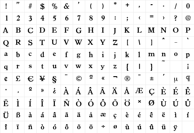 GranadaSerial Bold  glyph index