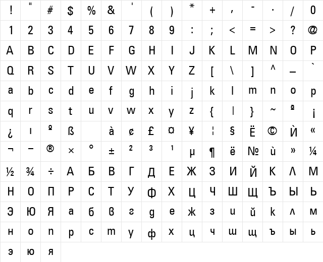 SP_Universal_Condensed Medium  glyph index