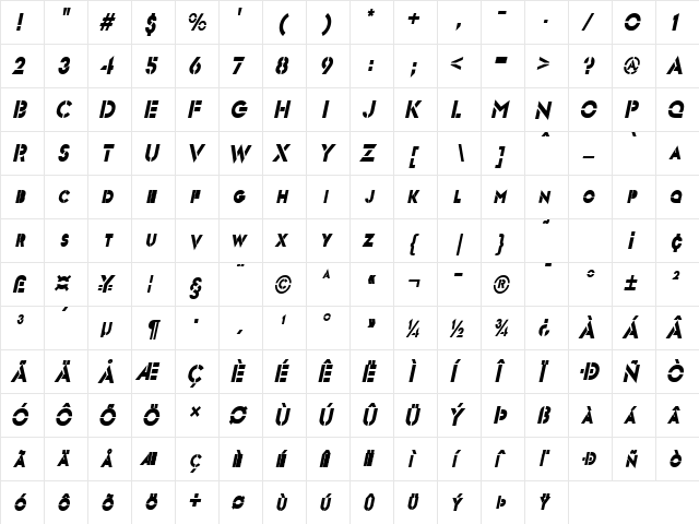 Templett S Condensed BoldItalic  glyph index