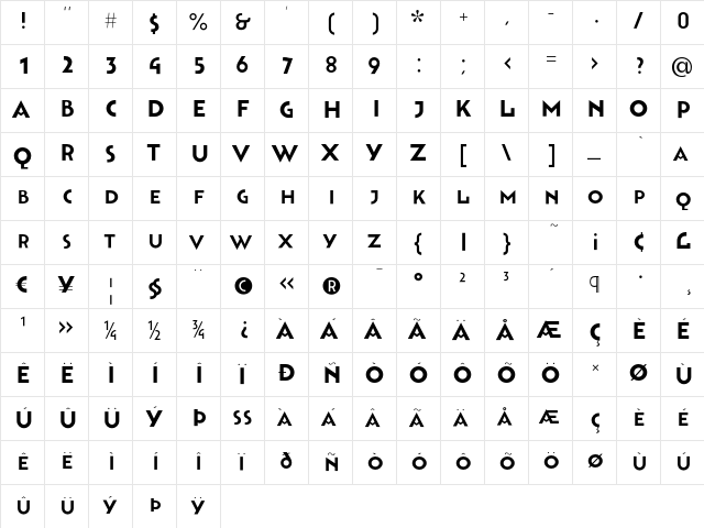 Bahnhof Solid Regular  glyph index