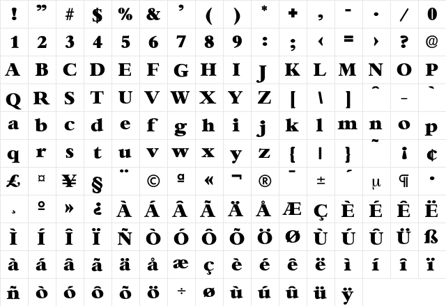 Bernstein-ExtraBold Regular  glyph index