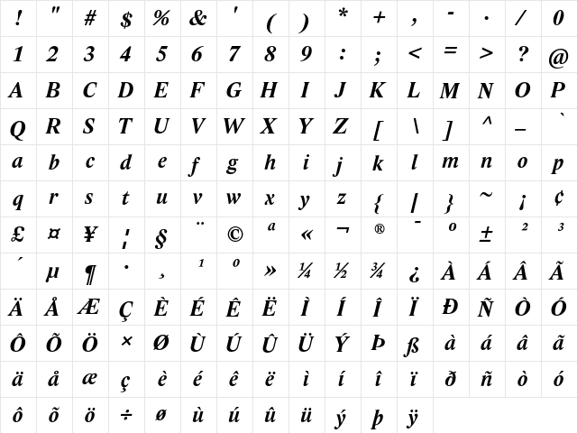 Lido STF Bold Italic  glyph index