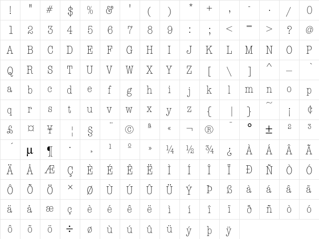 AmTypewriterEF LightCond  glyph index