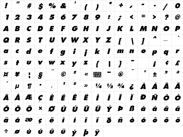 FuturistExtrabold Italic  glyph index