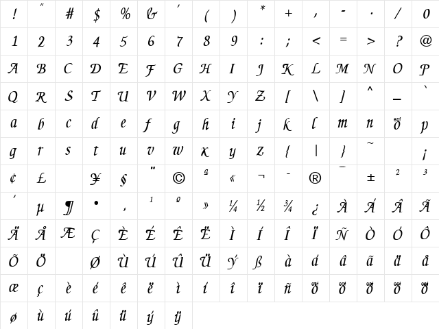 Zen St Charles Regular  glyph index