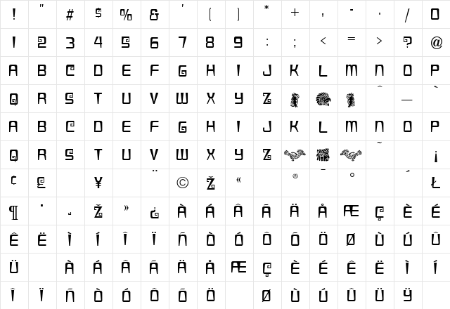 Azteca Condensed Regular  glyph index