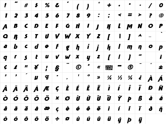 TabathaHeavy Italic  glyph index