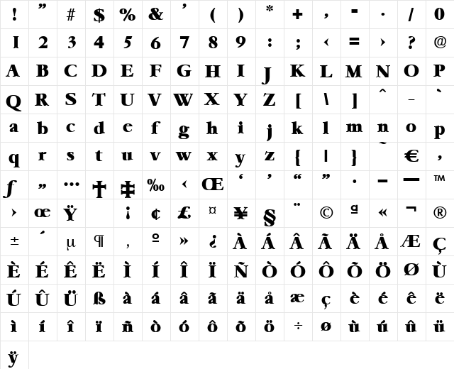 Garemond-Heavy Regular  glyph index