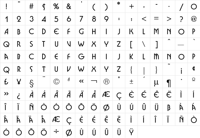 Busorama Bold  glyph index
