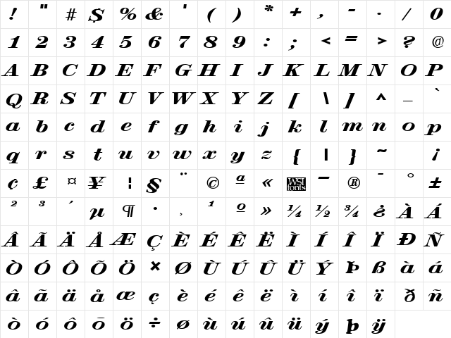 RubyScriptBroadXbold Regular  glyph index