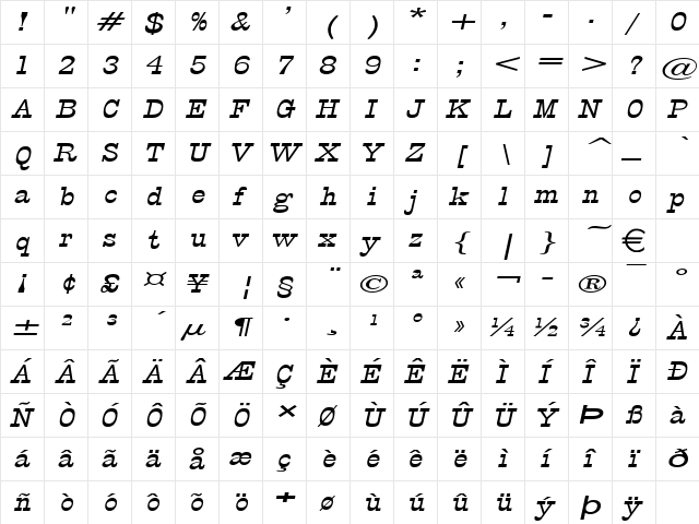 CircusWide Italic  glyph index