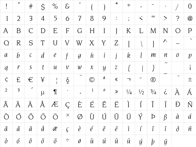 Navarro BookItalic  glyph index