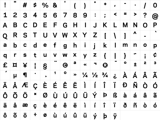 Galaxie Polaris Bold  glyph index