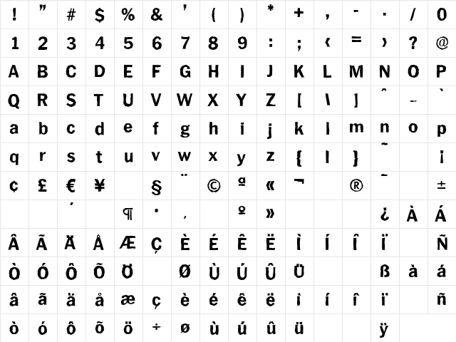 PlymouthAntique-Xbold Regular  glyph index