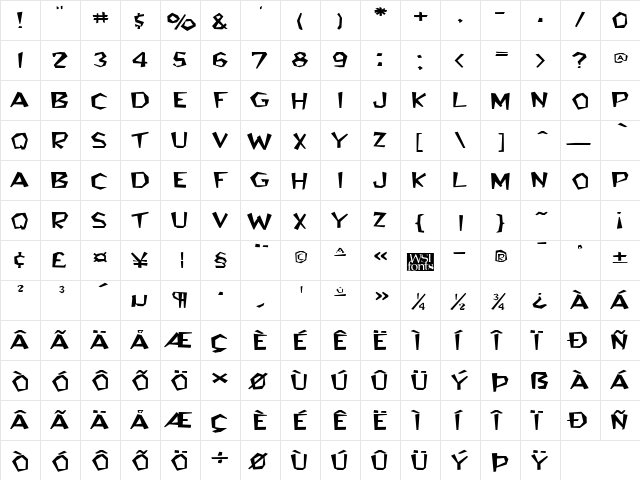 BedrockWide Regular  glyph index