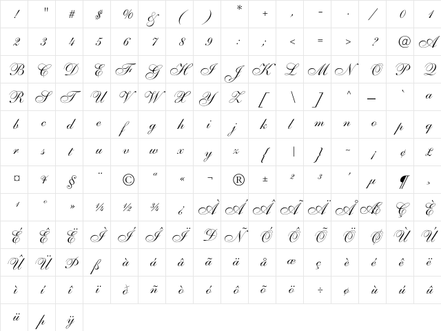 Pretty Lady Regular  glyph index