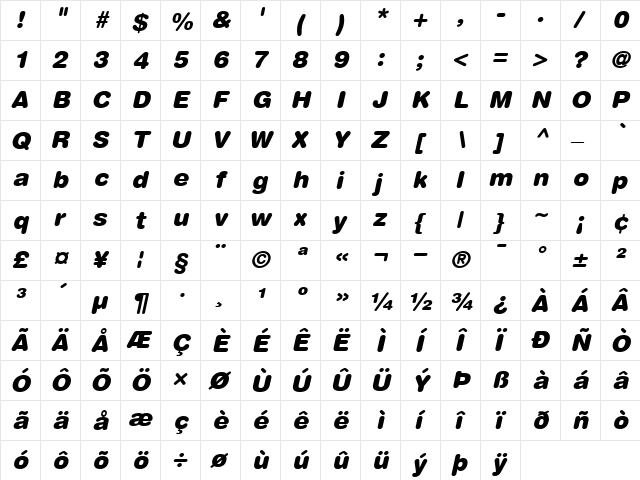 HelveticaRounded-Black BlackItalic  glyph index