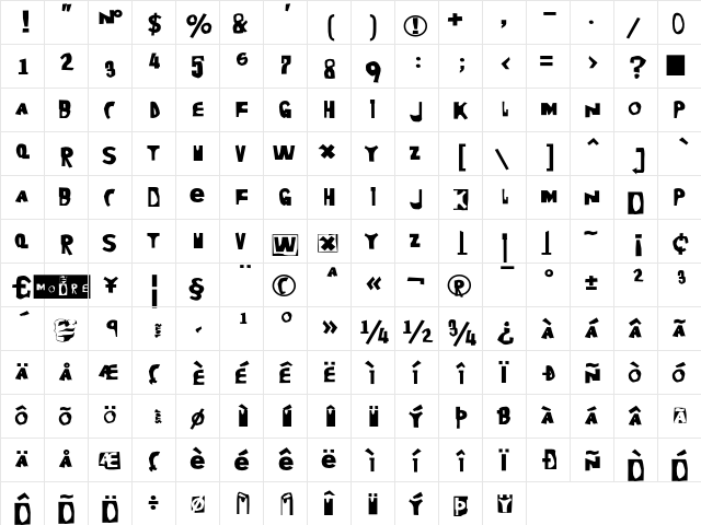Moore899 Bold  glyph index