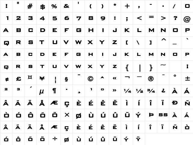 BankGothicLH Heavy  glyph index